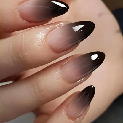 Picture of YOSOMK Fake Nails Medium Almond Press on Nails with Designs Ombre Black False Nails Glossy Glue on Acrylic Nails for Women and Girls