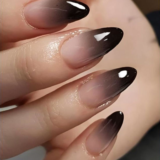 Picture of YOSOMK Fake Nails Medium Almond Press on Nails with Designs Ombre Black False Nails Glossy Glue on Acrylic Nails for Women and Girls