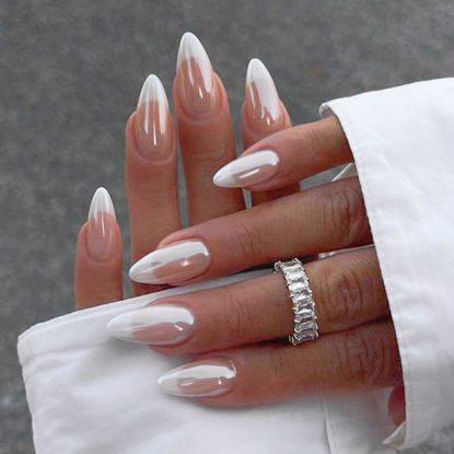 Picture of YOSOMK French Tip Press on Nails Almond Fake Nails Medium Chrome Stick on Nails Glossy False Nails with Mirror Designs Glue on Acrylic Nails for Women and Girls