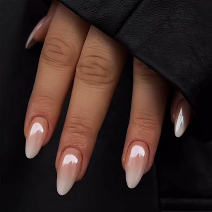 Picture of YOSOMK Fake Nails Almond Medium Press on Nails with Chrome Designs Glossy Ombre White Full Cover False Nails Stick on Acrylic Nails for Women and Girls