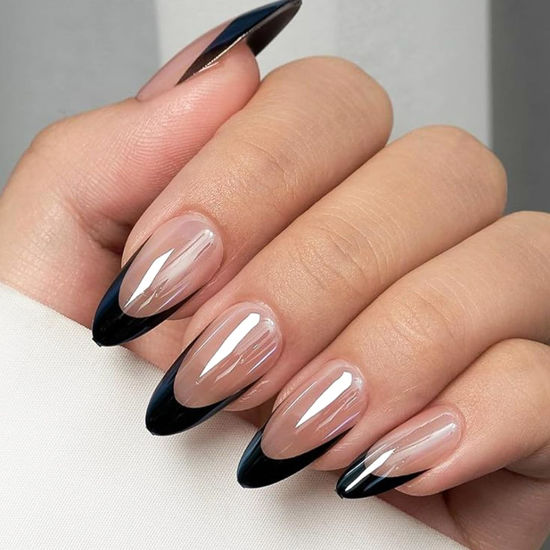 Picture of YOSOMK French Tip Press on Nails Medium Almond Fake Nails with Designs Black Chrome Glue on Nails Glossy False Nails for Women and Girls