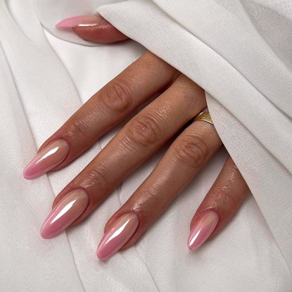 Picture of YOSOMK Chrome Press on Nails Almond Medium Fake Nails with Designs Ombre Pink False Nails Glossy Glue on Acrylic Nails for Women and Girls