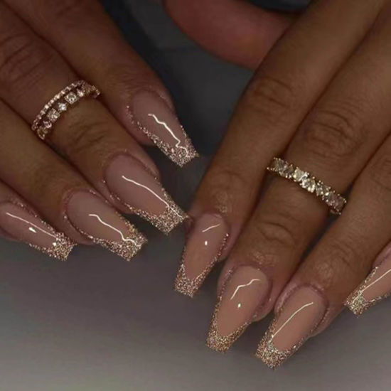 Picture of DANMANR Long Press on Nails Square French Fake Nails Full Cover Nude Acrylic False Nails for Women and Girls 24PCS (Gold Shiny)