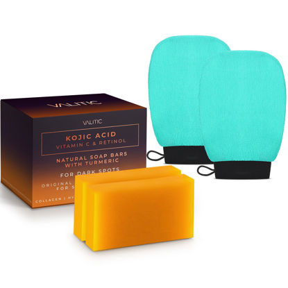 Picture of VALITIC 2 Pack Kojic Acid Vitamin C & Retinol Soap Bars for Dark Spot & A Pair of Turquoise Exfoliating Gloves for Body Scrubs