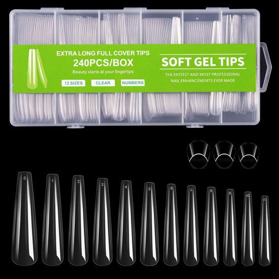 Picture of Cycullinyt 240Pcs Coffin Nail Tips, Long Coffin Press On Soft Gel x Nails, 12 Sizes Full Cover Acrylic False Nail Tips, for Beginner and Home Salon Diy
