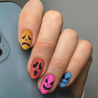 Picture of Colorful Press on Nails Almond Fake Nails Halloween Artificial False Nails with Scary Grimace Designs Full Cover Acrylic Nails Glue on Nails Kit for Women 24Pcs