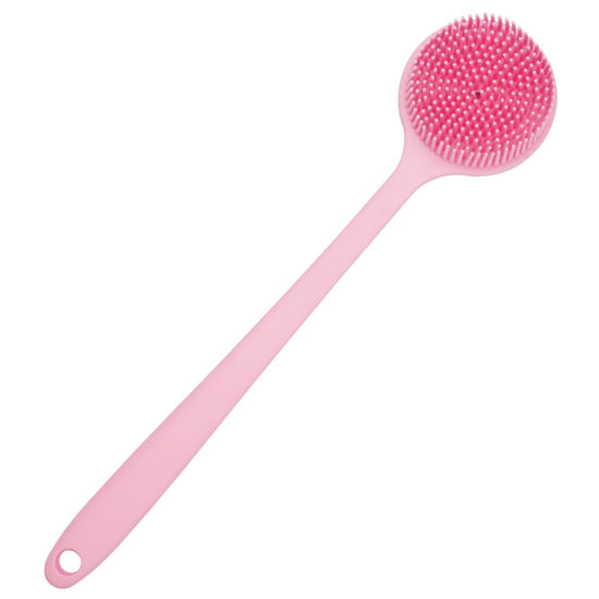Picture of DNC Soft Silicone Back Scrubber Shower Bath Body Brush with Long Handle (Pink)