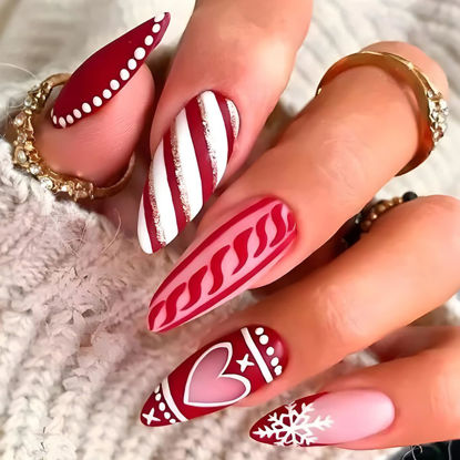 Picture of 24PCS Christmas Press on Nails Medium Length Fake Nails Red Acrylic Nails with Snowflake Love Heart White Stripes Designs False Nails French Tip Glue on Nails Artificial Nails for Women and Girls