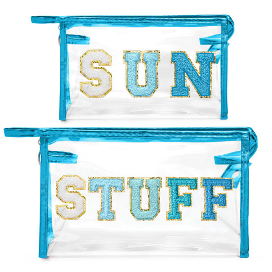 Picture of Y1tvei SUN STUFF Makeup Bag - 2Pcs Preppy Patch Chenille Varsity Letter Transparent PVC Extra Large Clear Cosmetic Pouch Portable Waterproof Travel Organizer Toiletry Compliant Bag for Women(Blue)