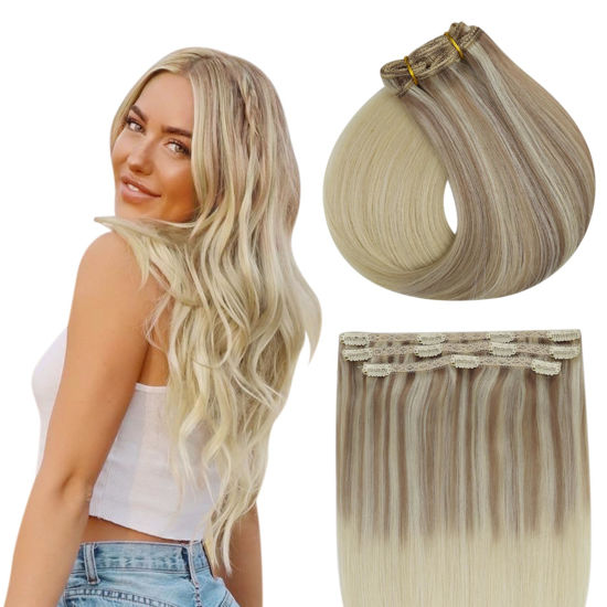 Picture of Full Shine Lace Clip in Hair Extensions Real Human Hair 16 Inch Nordic Ash Blonde Fading to Gloden Blonde Hair Extensions Clip ins Soft Natural Hair Clip ins Invisible Weft For Women 60G 3 Pcs