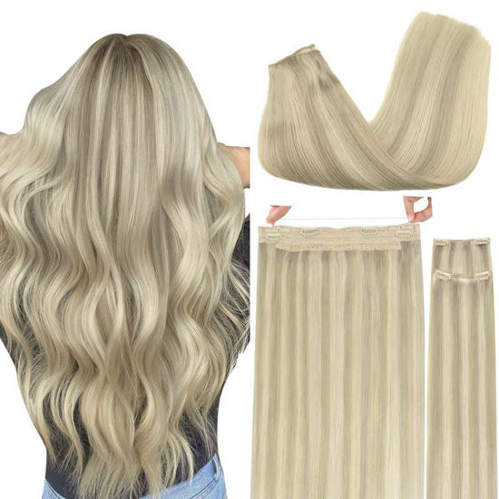 Picture of GOO GOO Wire Hair Extensions Human Hair, 17A/60A Ash Blonde mix Platinum Blonde Highlighted 12inch 100g, Invisible Wire Hair Extensions with Transparent, Seamless Fish Line Hairpiece