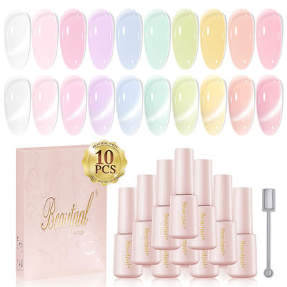 Picture of Beautpal Magnetic Jelly Gel Nail Polish Set 10PCS Semitransparent Pastel Gel Polish Colors Including Cat Eye Gel Polish Soak Off UV Nail Polish Home DIY Manicure Nail Salon 7ml