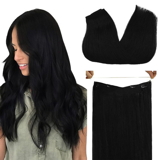 Picture of GOO GOO Wire Hair Extensions Human Hair, 1 Jet black Natural 14inch 75g, Invisible Wire Hair Extensions with Transparent, Seamless Fish Line Hairpiece