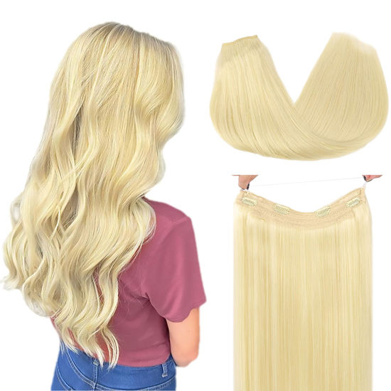 Picture of GOO GOO Wire Hair Extensions Human Hair, 613R Bleach Blonde Natural 14inch 75g, Invisible Wire Hair Extensions with Transparent, Seamless Fish Line Hairpiece