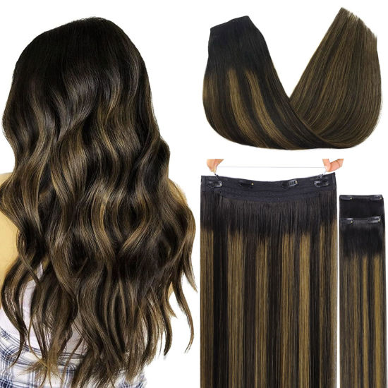 Picture of GOO GOO Wire Hair Extensions Human Hair, 1B/6/1B Natural Black with Chestnut Brown Balayage 12inch 100g, Invisible Wire Hair Extensions with Transparent, Seamless Fish Line Hairpiece