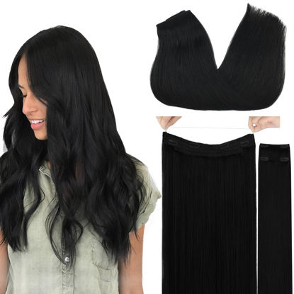 Picture of GOO GOO Wire Hair Extensions Human Hair, 1 Jet black Natural 14inch 105g, Invisible Wire Hair Extensions with Transparent, Seamless Fish Line Hairpiece