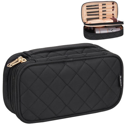 Picture of Relavel Makeup Bag, Small Makeup Bag for Women, Travel Cosmetic Bag, 2 Layers Waterproof Makeup Organizer Storage with Makeup Brush Holder, Black