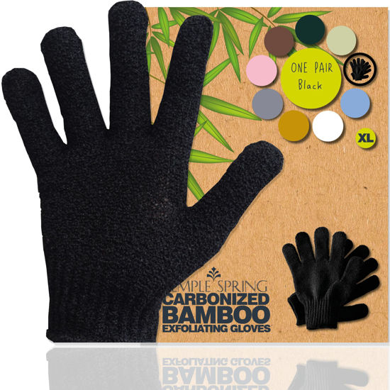 Picture of Temple Spring Exfoliating Gloves - Rayon Bamboo Bath/Shower Gloves, Bath Gloves for Shower Exfoliating and Ingrown Hair/Dead Skin Remover - Exfoliator Mitt Scrub Gloves - XL BLACK