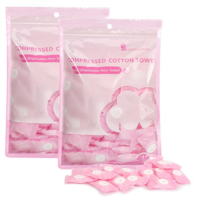 Picture of Classycoo Compressed Towel 200 PCS Mini Tablets Disposable Portable Face Towel Cotton Coin Tissue for Travel, Camping, Hiking, Sport, Beauty Salon, Home Hand Wipes and Other Outdoor Activities Pink