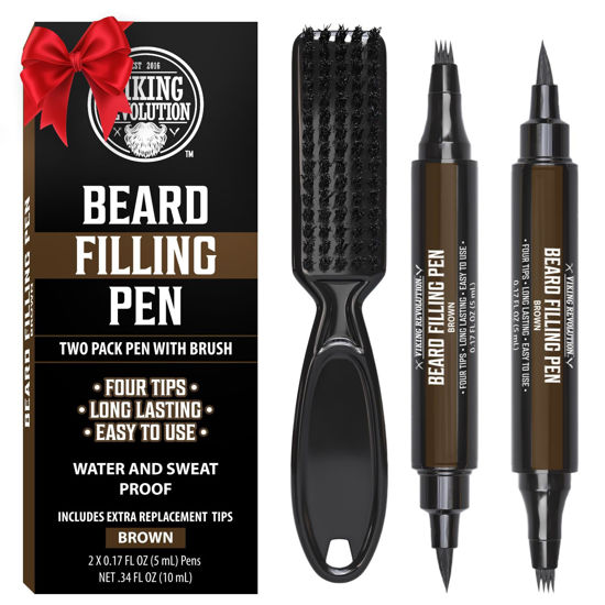 Picture of Viking Revolution Beard Pen (2 Pack) - Brown Beard Pencil Filler for Men Lapiz para Barba de Hombre - Beard Filler for Men Waterproof Beard Filling Pen Kit - Long Lasting Beard Filler Pen with Brush