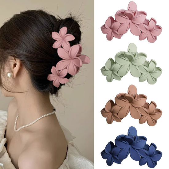 Picture of 4PCS Plumeria Hawaiian Flower Claw Clips - Large Strong Hold Beach Hair Accessories for Thick Hair (Colorful)