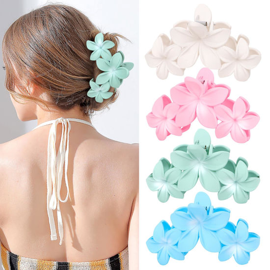 Picture of 4PCS Cute Plumeria Flower Claw Hair Clips for Women - Large, Strong Hold Beach Hair Accessories for Thick Hair (Colorful)