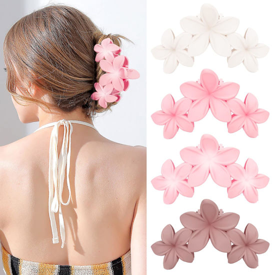 Picture of ANBALA Flower Claw Hawaiian Hair Clip, 4PCS Large Plumeria Hair Clips for Women, Non-Slip Strong Hold Clips for Thick Hair, Beach Hair Accessories (Pink, Gradient White, Dark Pink)