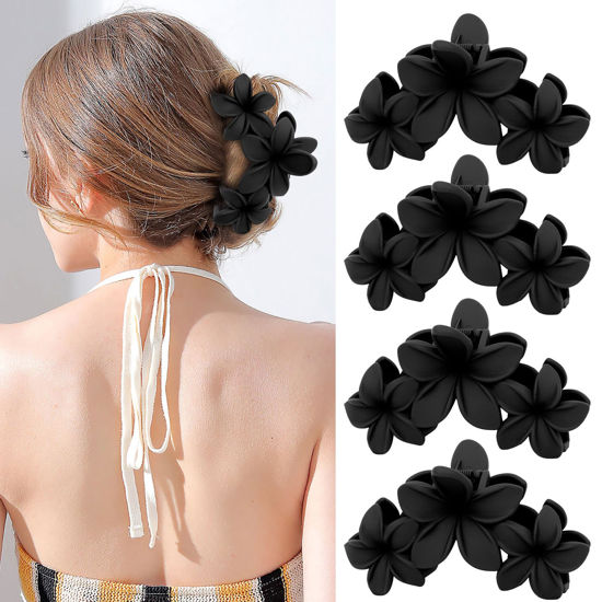 Picture of 4PCS Matte Flower Hair Clips - Non-Slip Large Plumeria Clips for Thick Hair, Strong Hold for Women and Girls (Black)
