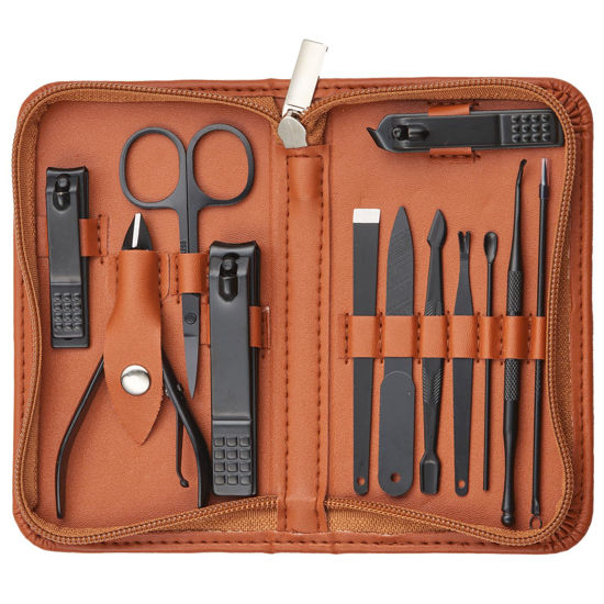 Picture of Tumkun Nail Kit, Manicure Kit, Nail Care Kit For Men, Manicure Pedicure Set, Nail Clippers Toenail Clippers Kit, Professional Manicure Kit Pedicure Kit, Leather color Travel Case, Set of 12.