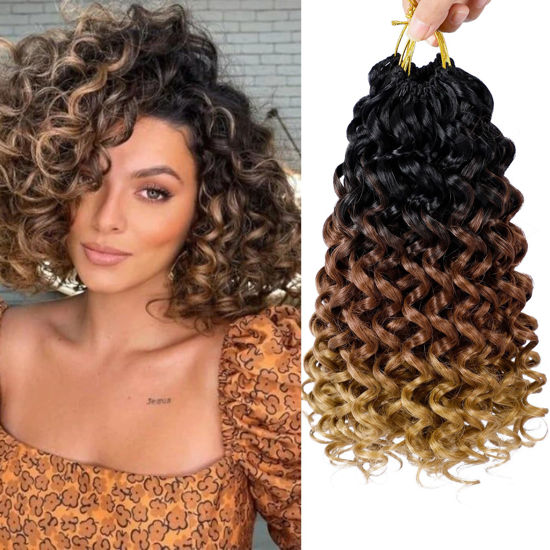 Picture of 7 Packs GoGo Curl Crochet Hair 12 Inch Short Curly Crochet Hair for Women Beach Curl Water Wave Deep Twist Crochet Braids Synthetic Braiding Hair Extensions(12 Inch, T1B/30/27)