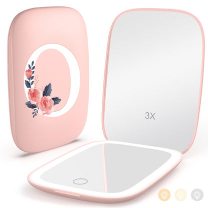 Picture of Personalized Gifts for Women Girls, Rechargeable Travel Mirror with 3 Color Lights and Auto-Off Feature, 1X/3X Mini Led Compact Makeup Mirror for Purse, Stocking Stuffers for Girls Women-Letter O