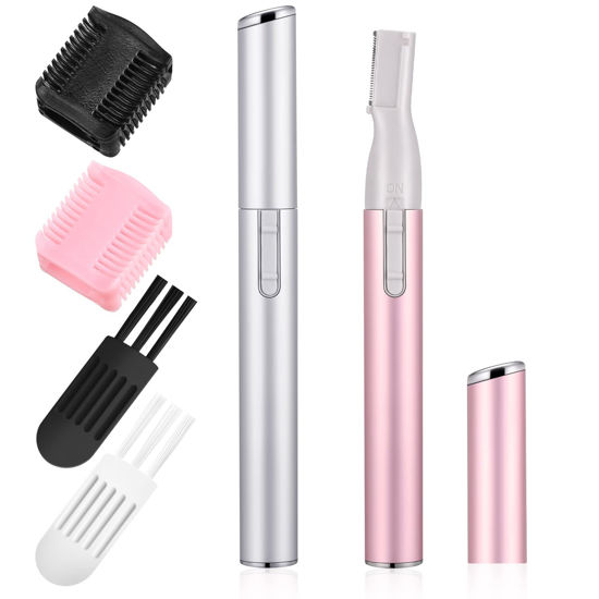 Picture of Chumia 2 Pcs Electric Eyebrow Trimmer Women Precision Face Razors Mini Shaver with Comb Christmas Women Gift Battery Operated Personal Epilator for Face Neck Fuzz Lips Leg(Pink, Silver)