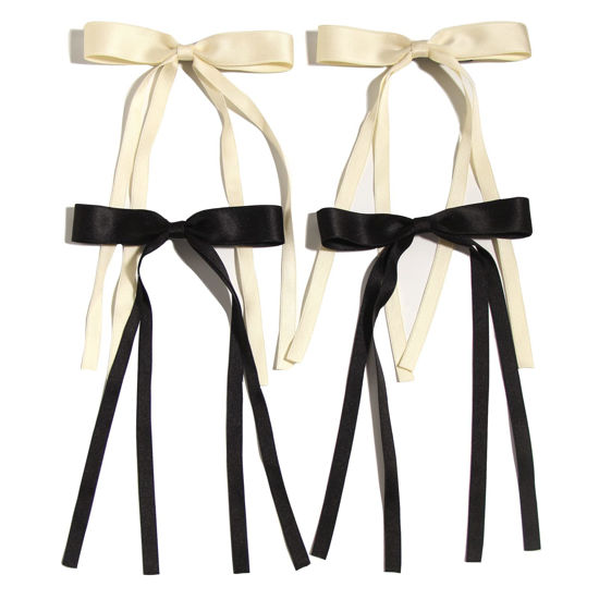 Picture of 4pcs Hair Clips for Women Tassel Ribbon Bowknot With Long Tail, Clip Girl, Solid Accessories Barrettes Claw Bow (Black&Beige)