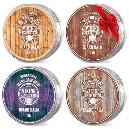 Picture of Viking Revolution 4 Beard Balm Variety Pack (1oz Each)- Sandalwood, Pine & Cedar, Bay Rum, Clary Sage - Beard Butter Styles, Strengthens and Softens Beards and Mustaches - Beard Wax for Men