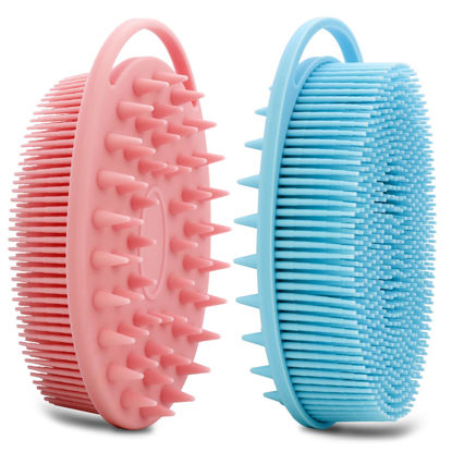 Picture of 2 Pack Silicone Body Scrubber, Silicone Loofah Double-Sided Body Brush,Silicone Shower Scrubber and Scalp Massager Shampoo Brush for Sensitive Kids Women Men All Kinds of Skin (Pink & Blue)