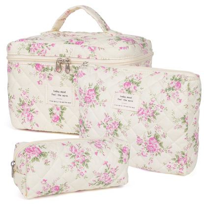 Picture of Makeup Bag,Quilted Cosmetic Bag,Large Floral Make Up Bag for Women,Cotton Makeup Bag Set,Flower Travel Toiletry Bag