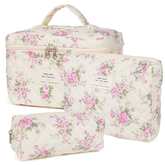 Picture of Makeup Bag,Quilted Cosmetic Bag,Large Floral Make Up Bag for Women,Cotton Makeup Bag Set,Flower Travel Toiletry Bag