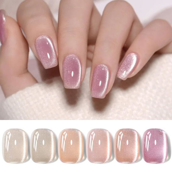 Picture of Born Pretty Cat Magnetic Eye Gel Nail Polish Jelly Pink Moonlight Crystal Glass Cat Magnetic Shimmer Glitter Holographic Nail Polish Salon Gel Manicure and Nail Art DIY at Home 7ML 6PCS