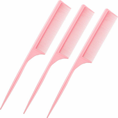 Picture of Leinuosen 3 Pack Carbon Fiber Rat Tail Styling Comb, Heat Resistant Anti Static Teasing Comb for Back Combing Root Teasing Adding Volume Evening Styling (Pink)