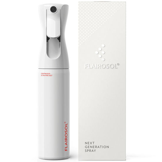Picture of FLAIROSOL - The Original, Spray Bottle for Hair, Continuous Ultra Fine Water Mist Sprayer for Hairstyling, Barbers, Salons, Cleaning, Plants, 10.1oz/300ml (White Bottle-Coral Print)