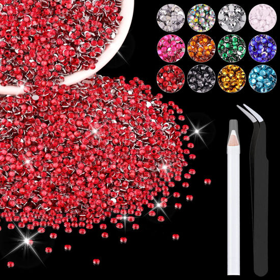 Picture of 5000PCS 3mm Resin Rhinestones in Bulk (Red), Bedazzling Flatback Crystals for Crafts DIY Nail Decoration, Gems Charms for Tumbler Shoes Clothing Fabric with Pickup Pen and Tweezers