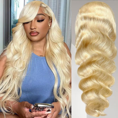 Picture of 613 Lace Front Wig Human Hair 13x6 Transparent 180% Density Blonde Lace Front Wigs Human Hair Pre Plucked 12A 613 HD Lace Frontal Wig Body Wave Lace Front Wigs Blonde Wig Human Hair For Women 22 Inch