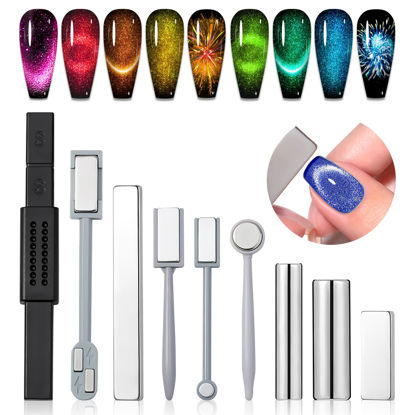Picture of SAVILAND Cat Eye Magnetic for Nail: 9PCS Cat Eye Gel Nail Polish Magnet Tools Set Strong Suction Nail Magnet Nails Square Round Magnet Stick Diverse Cat Eye Effect Double Ended Nail Salon Art Tools