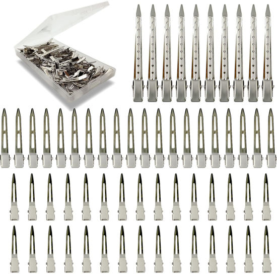 Picture of Silver Metal Duck Billed Hair Clips Set - Alligator Roller Clips for Women's Long Hair Sectioning and Pin Curls, with Case