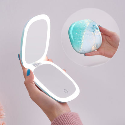 Picture of Mocado Compact LED Travel Makeup Mirror - 4 Inches 1X/10X Magnification Travel Mirror with Light Dimmable Double Sides Lighted USB Rechargeable Compact Mirror for Purse,Pocket,Travel(Blue Marble)