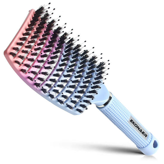 Picture of EKONAER Detangling Brush Boar Bristles Hair Brush for Adult & Kids Wet or Dry Hair,Curved and Vented Detangler Brush - Adds Shine and Makes Hair Smooth(Blue)