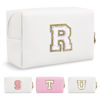 Picture of Small Personalized Initial A-Z Preppy Patch Makeup Bag,White PU Chenille Letter Travel Cosmetic Pouch with Zipper,Cute Toiletry Bag,Gift Ideal for Teen Girls Women Teacher Bridesmaid,Letter R