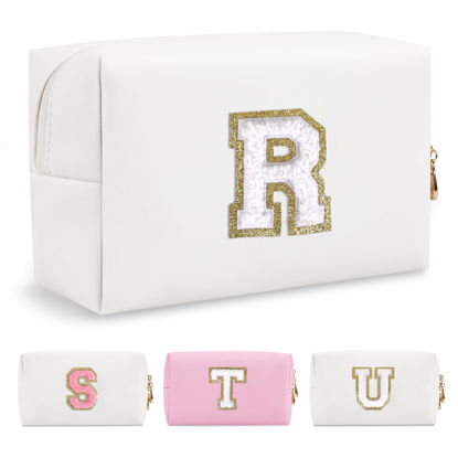 Picture of Small Personalized Initial A-Z Preppy Patch Makeup Bag,White PU Chenille Letter Travel Cosmetic Pouch with Zipper,Cute Toiletry Bag,Gift Ideal for Teen Girls Women Teacher Bridesmaid,Letter R