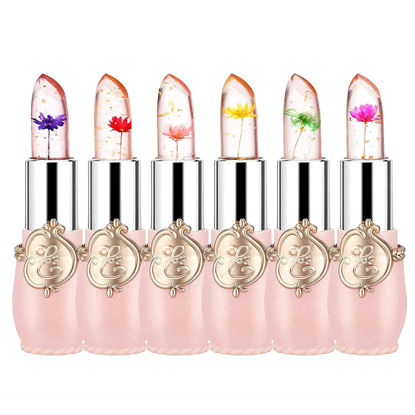Picture of firstfly Pack of 6 Crystal Flower Jelly Lipstick, Long Lasting Nutritious Lip Balm Lips Moisturizer Magic Temperature Color Change Lip Gloss (Pink)