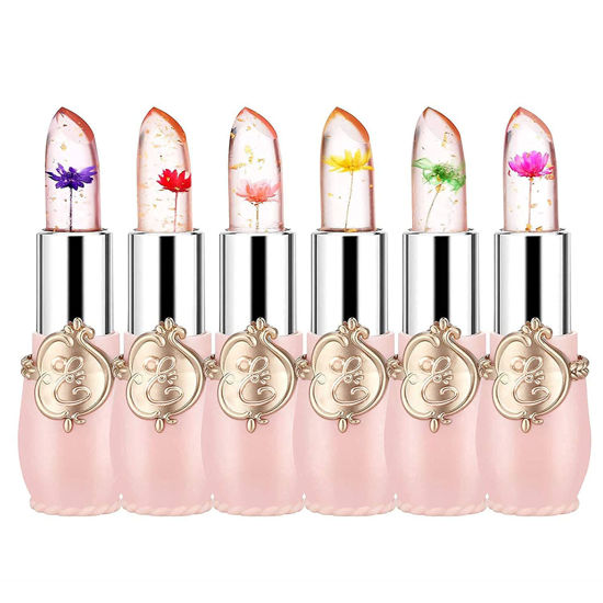Picture of firstfly Pack of 6 Crystal Flower Jelly Lipstick, Long Lasting Nutritious Lip Balm Lips Moisturizer Magic Temperature Color Change Lip Gloss (Pink)